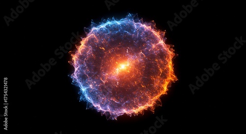 Explosion of cosmic energy, a vibrant nebula radiating with fiery orange and cool blue light, set against a dark background