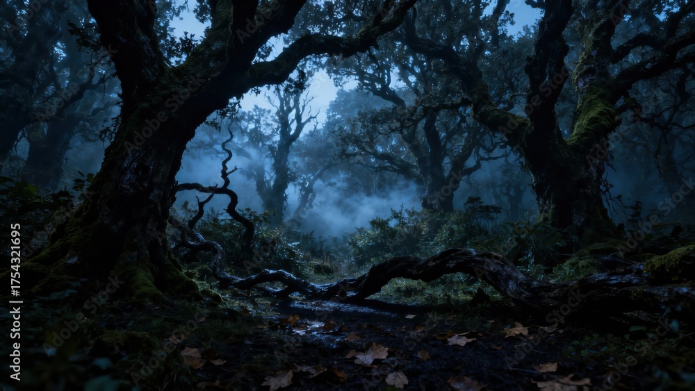 Fototapeta premium Ancient gnarled trees create an eerie, shadowed passage within a damp, foggy woodland