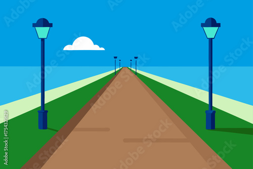 Perspective view of a pier with lampposts