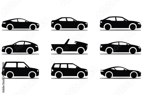 ack car side view silhouette set featuring sedans, SUVs, convertible and minivan for fleet, transport and automotive branding design