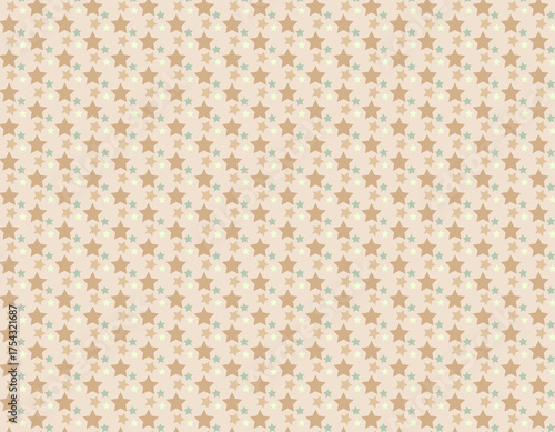A seamless pattern of small brown stars and tiny blue and white dots on a light beige background, creating a charming and whimsical texture
