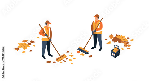 Isometric workers sweeping autumn leaves with brooms in safety gear