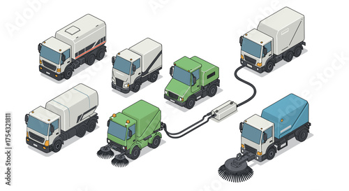 Isometric street sweeper trucks collection on white background
