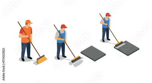 Isometric cleaners sweeping and painting surfaces in work uniforms