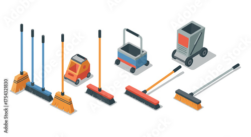 Isometric cleaning tools collection with brooms and carts for commercial use