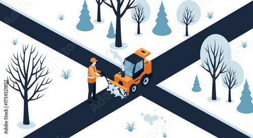 Winter street maintenance with snow blower and worker in isometric style