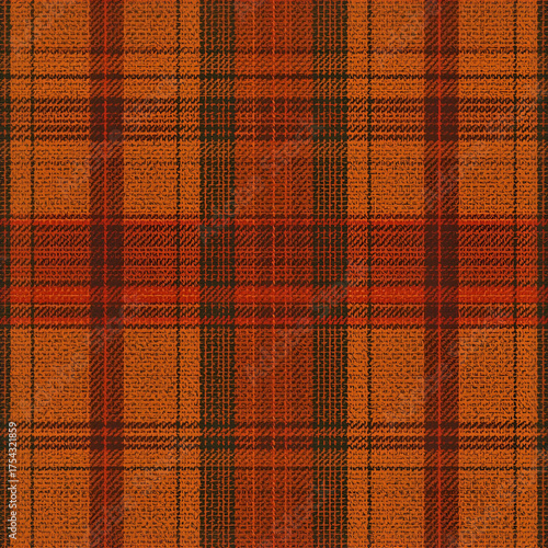 Fall colored plaid check patterned fabric in oranges, reds and yellow blues. 