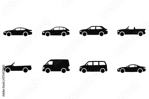 Black car side view silhouette set featuring sedans, SUVs, convertibles and vans for automotive branding, fleet and transport infographic design