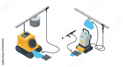 Isometric autonomous cleaning robots with modern design for urban maintenance