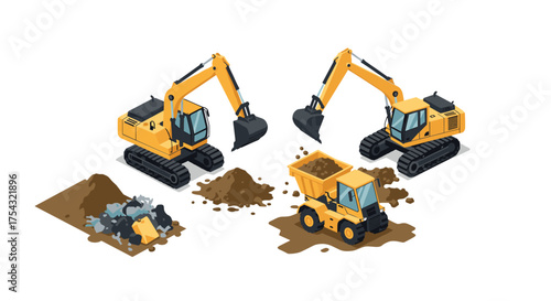 Isometric construction machinery with excavators and dump truck in action