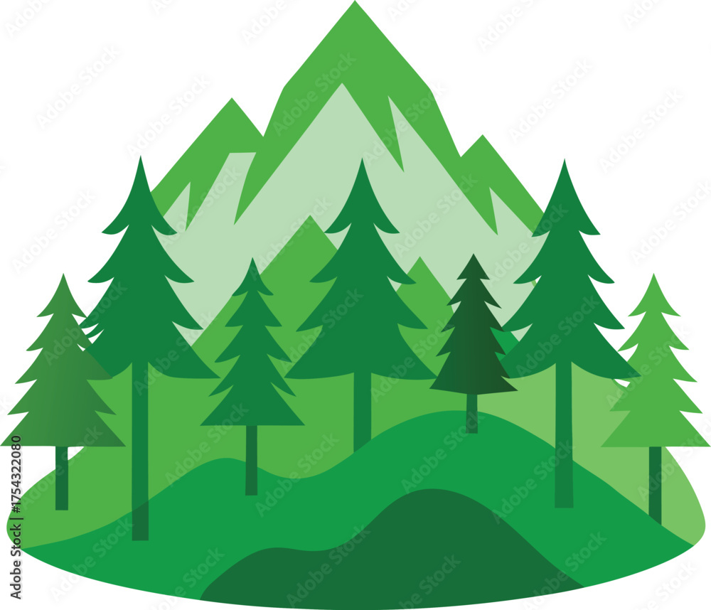 Obraz premium Natural Scenery Mountain and Forest Landscape Vector Illustration Design Green Pine Trees and Hills Nature Background
