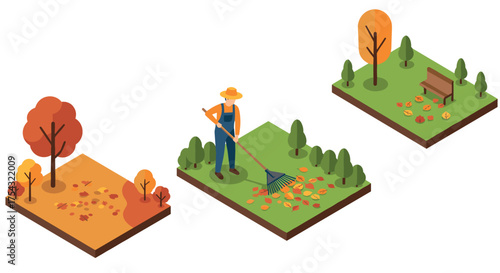 Isometric autumn scenes with gardener raking leaves in park settings