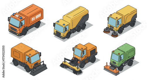 Set of isometric utility trucks: street sweepers and snow plows in various colors