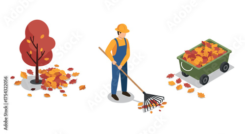 Autumn yard work: isometric illustration of raking leaves with wheelbarrow and tree