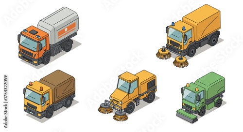 Isometric street cleaning vehicles set with different utility trucks and sweepers