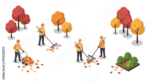 Autumn city park maintenance: workers gathering colorful leaves in isometric style