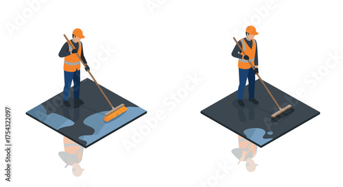 Isometric street cleaners sweeping wet pavement in safety gear