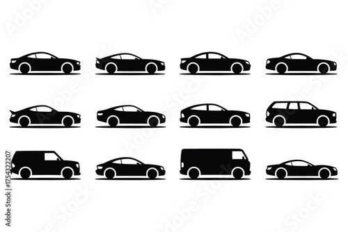 Black car side view silhouette icon set featuring sedans, coupes, SUVs and vans for transport, fleet and automotive branding design