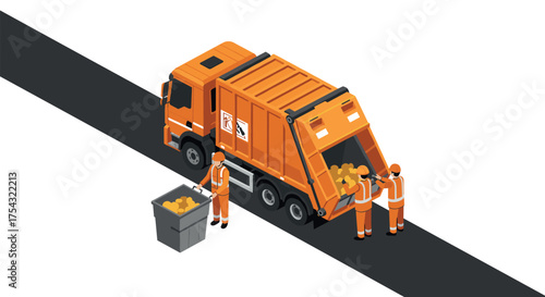 Isometric garbage truck with sanitation workers on street