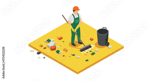 Isometric worker sweeping litter on bright yellow platform for environmental clean-up scene