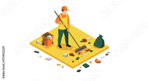 Isometric city worker cleaning park with broom and garbage bag