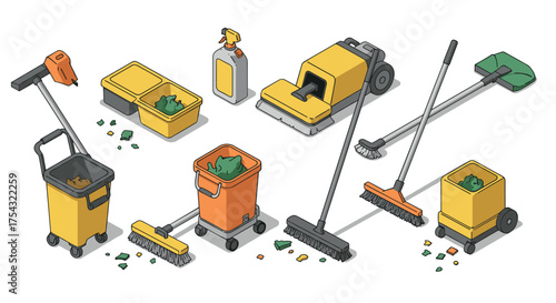 Cleaning equipment collection in isometric view for modern sanitation concepts