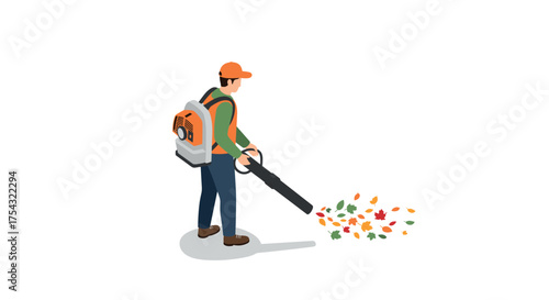 Isometric worker using leaf blower in autumn season