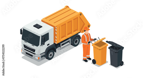 Isometric garbage truck and worker disposing waste in bins