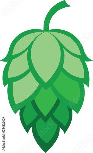 Illustration of a green hop cone with a stem, composed of multiple overlapping leaves in a flat design style