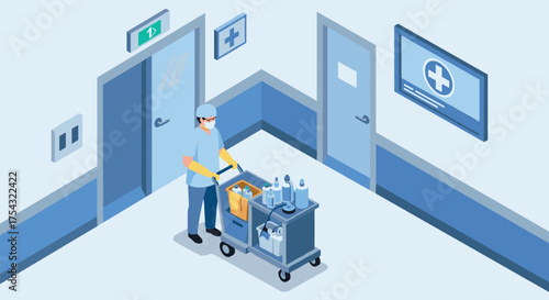 Hospital janitor cleaning corridor with supplies in isometric style