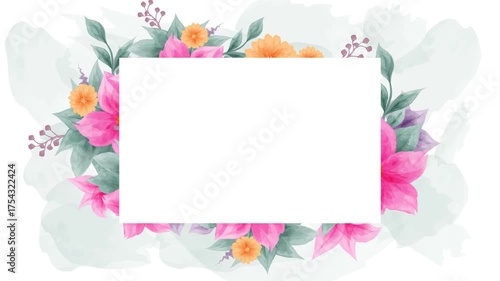Watercolor flower frame border on green watercolor and white background
