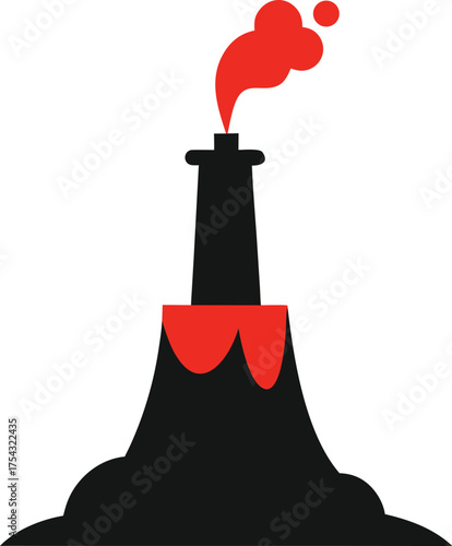 Minimalist flat design illustration of an erupting volcano with red lava and smoke, natural disaster concept