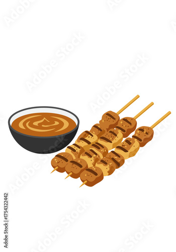 Skewered grilled meat with dipping sauce against a transparent background