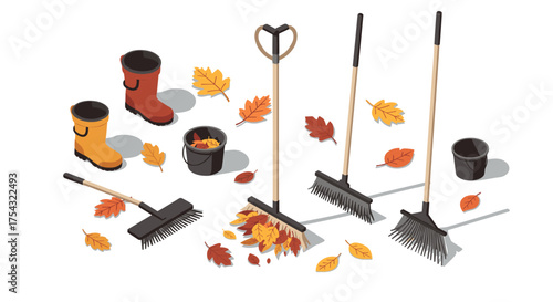 Autumn leaves cleanup with rakes and boots: seasonal gardening tools on white background