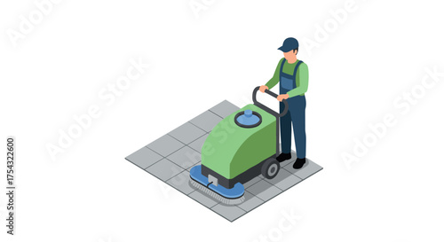 Isometric worker operating floor cleaning machine on tiled surface