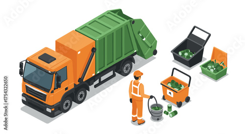Waste management isometric design featuring sanitation worker with garbage truck and recycling bins