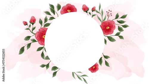 Watercolor flower frame border on pink watercolor and white background
