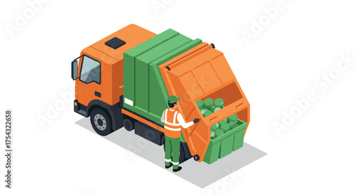 Isometric garbage truck with worker collecting trash on white background