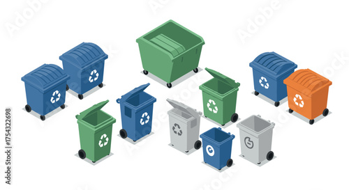 Isometric recycling bins in various colors and designs