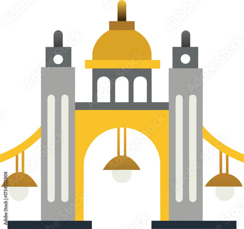 Modern Golden Gate Archway Illustration with Lanterns and Grand Pillars, Ornate Architectural Structure Vector