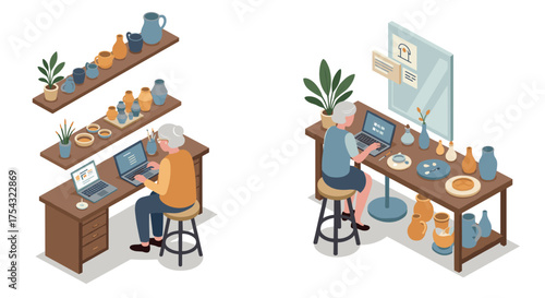 Remote work at home with modern ceramic decor in isometric style