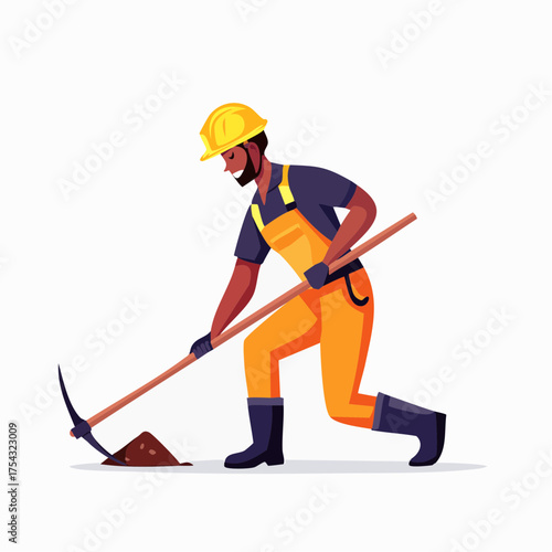 Construction worker digging soil with pickaxe using vector illustration style