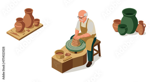 Elderly potter crafting clay pots in isometric design with traditional techniques