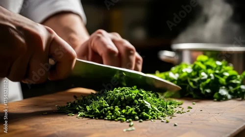 Chef's Precision: Close-Up of Herb Chopping on Wooden Board in Kitchen