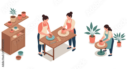 Creative pottery workshop with two people crafting and displaying ceramic works in isometric design