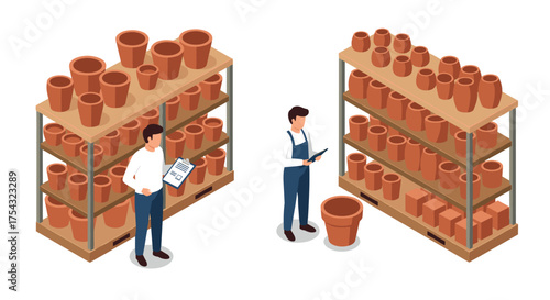 Efficient warehouse management with clay pot inventory and digital tools in isometric style