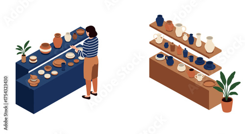 Isometric view of pottery shop with woman choosing ceramic vases and bowls