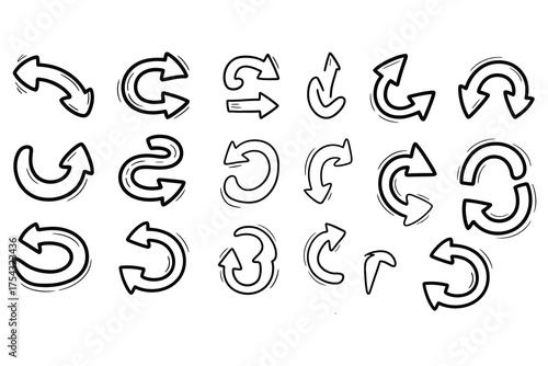 Hand drawn circular doodle arrow set for refresh, undo, repeat and direction icons in infographic and UI design
