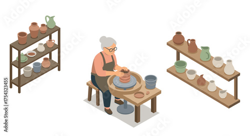 Elderly woman crafting pottery on wheel in cozy studio with ceramic shelves