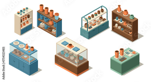 Isometric pottery display: modern ceramic shelves and showcases for home decor concepts